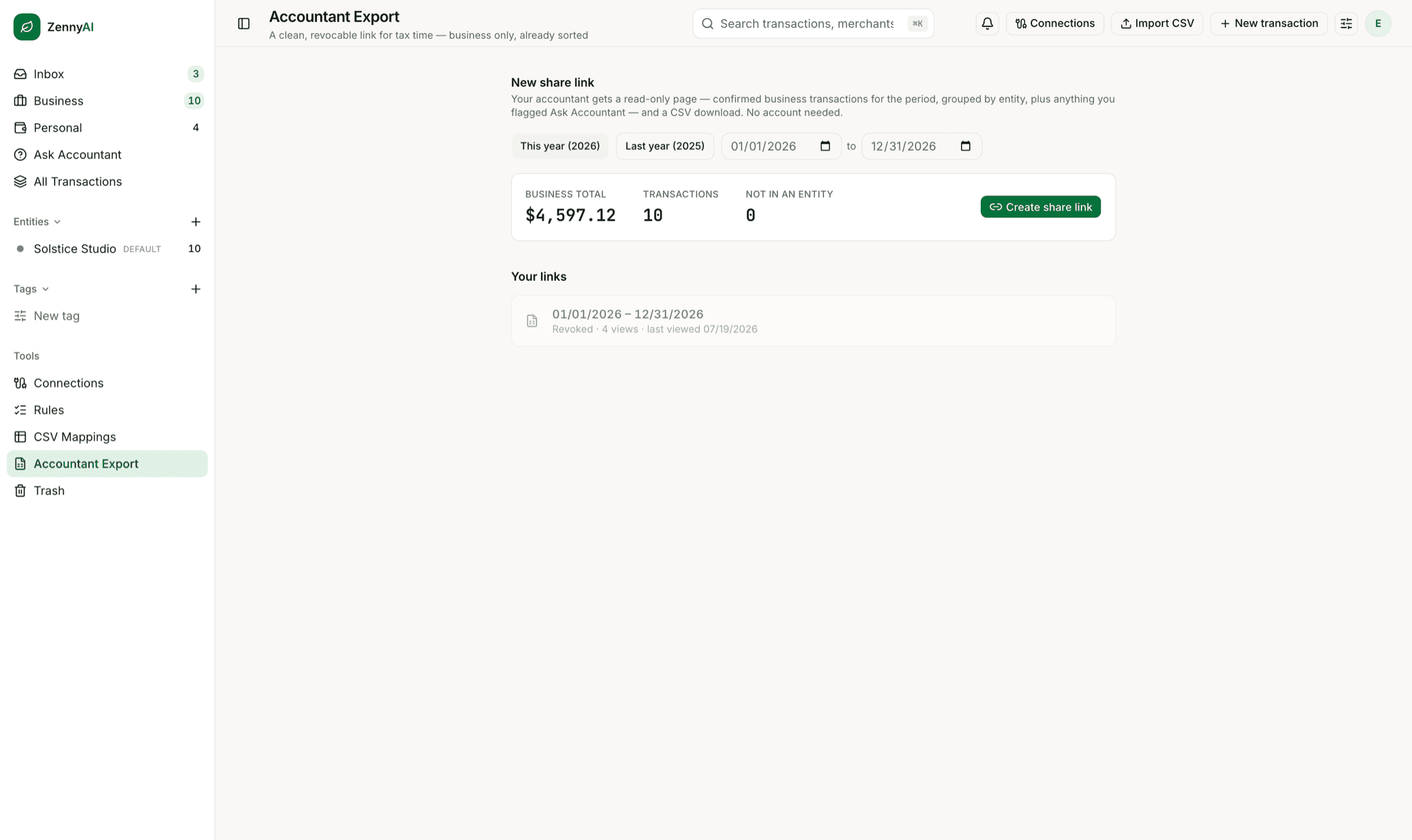 The Accountant Export page: pick a period, see the business total, mint a revocable share link